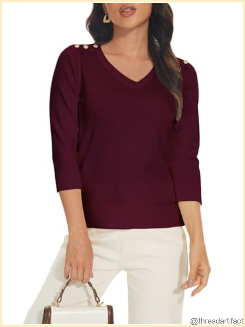 Women's 3/4 Sleeve V Neck Knit Sweater with Shoulder Buttons